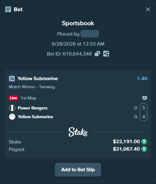 Bet slip: Power Rangers - Yellow Submarine, $22,213.19 stake at 1.40 odds, placed by zhanjinkun