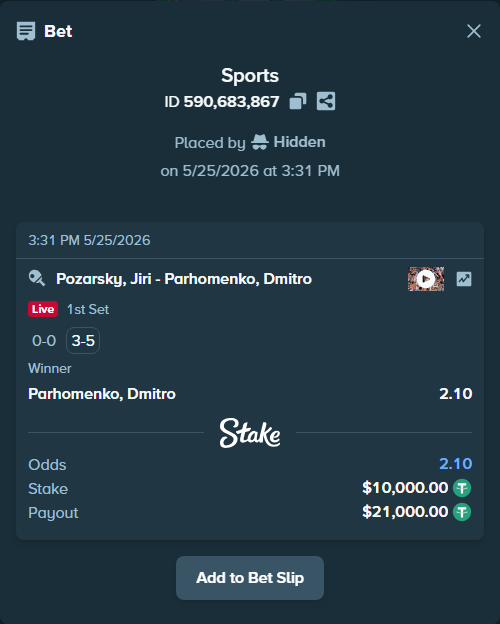 Bet slip: Pozarsky, Jiri - Parhomenko, Dmitro, $10,000.00 stake at 2.10 odds, placed by Hidden