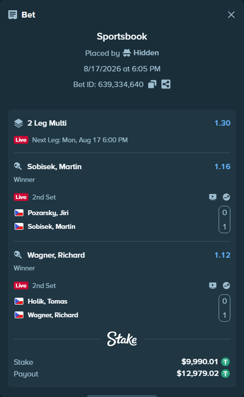 Bet slip: Pozarsky, Jiri - Sobisek, Martin, $10,000.00 stake at 1.16 odds, placed by Hidden