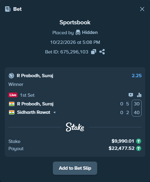 Bet slip: Prabodh, Suraj R - Sidharth Rawat, $10,000.00 stake at 2.25 odds, placed by Hidden