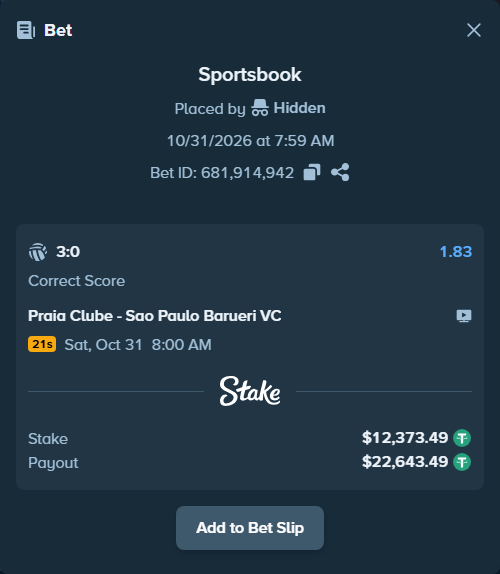 Bet slip: Praia Clube - Barueri VC, $12,385.87 stake at 1.83 odds, placed by Hidden