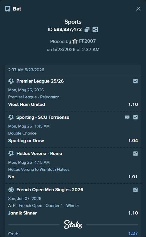 Bet slip: Premier League 25/26, $12,000.44 stake at 1.10 odds, placed by FF2007