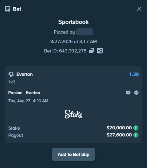 Bet slip: Preston - Everton, $20,000.00 stake at 1.38 odds, placed by mathiasjuel