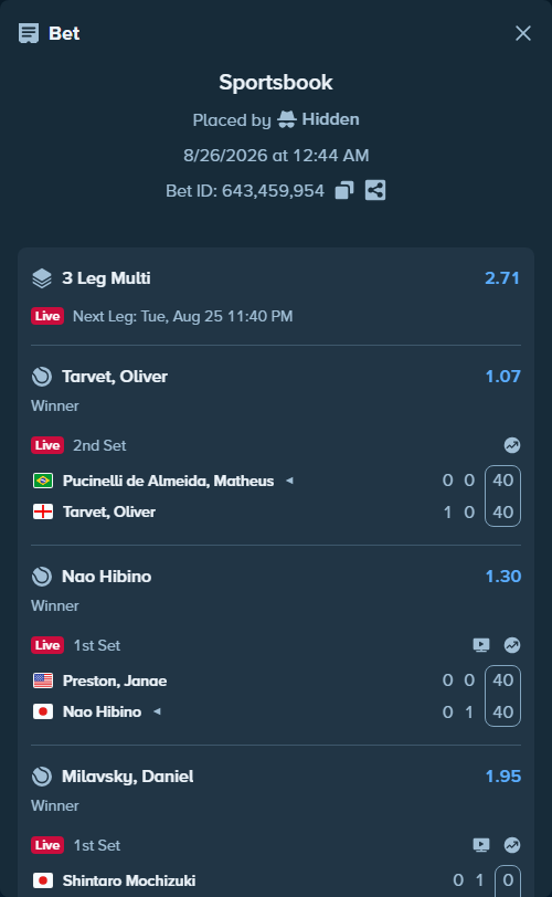 Bet slip: Preston, Janae - Nao Hibino, $30,280.00 stake at 1.30 odds, placed by Hidden