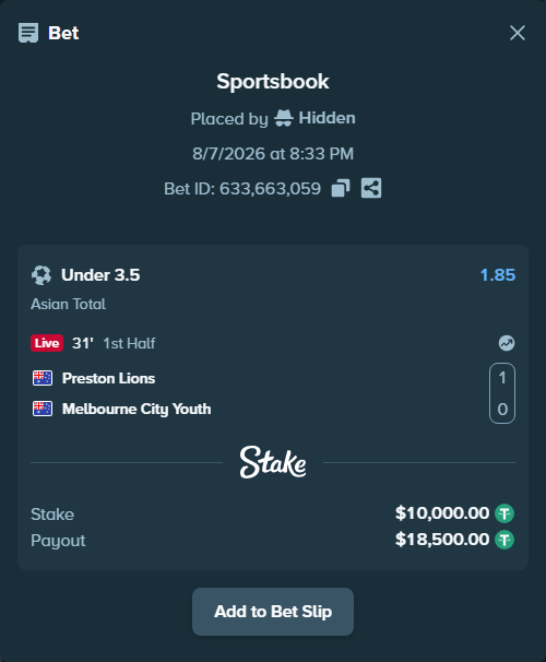 Bet slip: Preston Lions - Melbourne City Youth, $10,010.00 stake at 1.85 odds, placed by Hidden