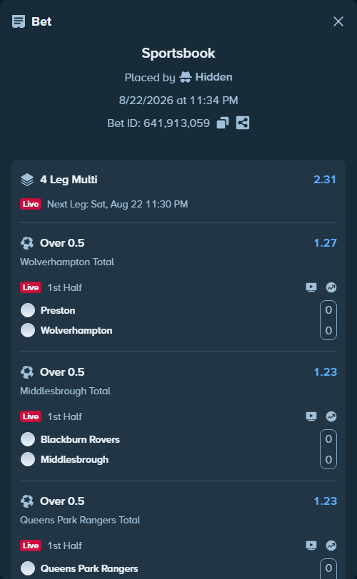 Bet slip: Preston - Wolverhampton, $10,822.44 stake at 1.27 odds, placed by Hidden