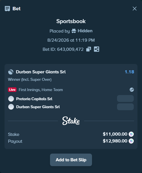 Bet slip: Pretoria Capitals SRL - Durban Super Giants SRL, $11,090.63 stake at 1.18 odds, placed by Hidden