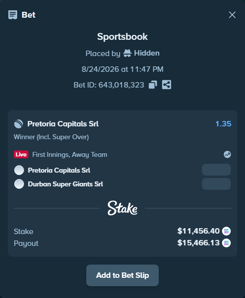 Bet slip: Pretoria Capitals SRL - Durban Super Giants SRL, $11,636.33 stake at 1.35 odds, placed by Hidden