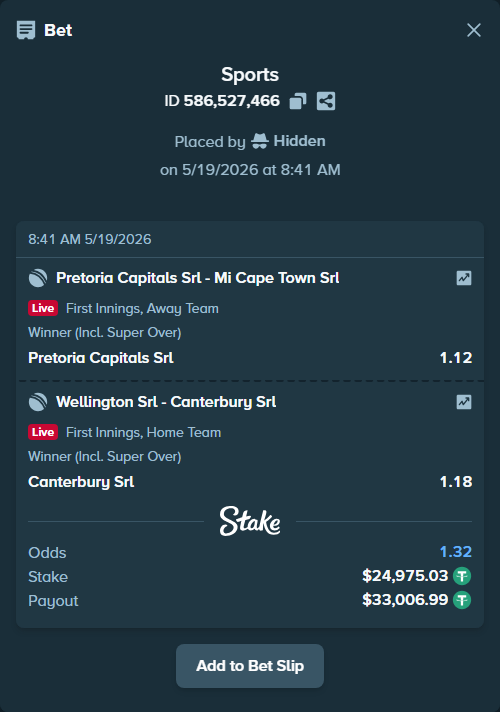 Bet slip: Pretoria Capitals SRL - Mi Cape Town SRL, $25,000.00 stake at 1.12 odds, placed by Hidden