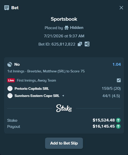 Bet slip: Pretoria Capitals SRL - Sunrisers Eastern Cape SRL, $15,540.00 stake at 1.04 odds, placed by Hidden