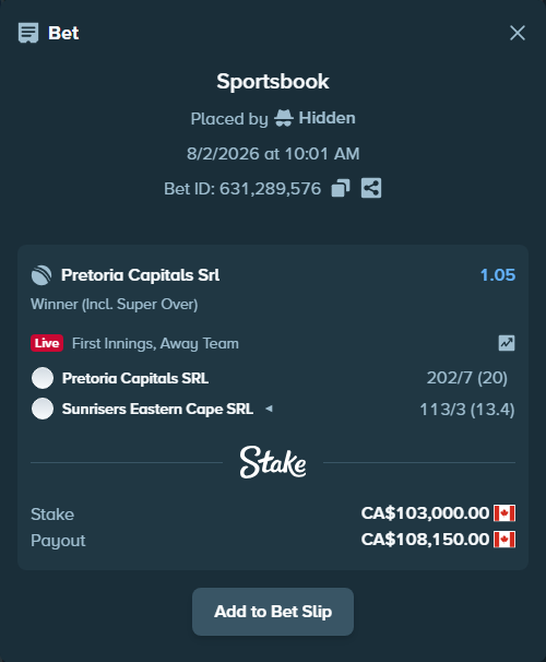 Bet slip: Pretoria Capitals SRL - Sunrisers Eastern Cape SRL, $76,220.00 stake at 1.05 odds, placed by Hidden