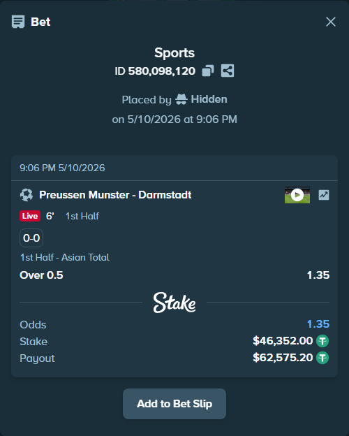 Bet slip: Preussen Munster - Darmstadt, $46,352.00 stake at 1.35 odds, placed by Hidden