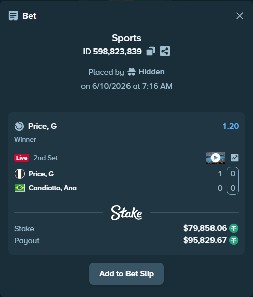 Bet slip: Price, G - Candiotto, Ana, $79,937.92 stake at 1.20 odds, placed by Hidden