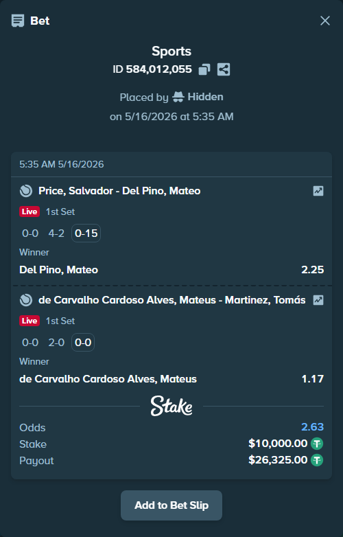 Bet slip: Price, Salvador - Del Pino, Mateo, $10,000.00 stake at 2.25 odds, placed by Hidden