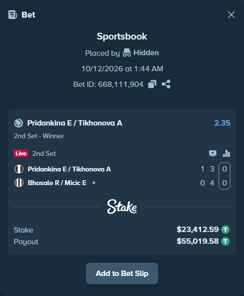 Bet slip: Pridankina E / Tikhonova A - Bhosale R / Micic E, $23,436.00 stake at 2.35 odds, placed by Hidden