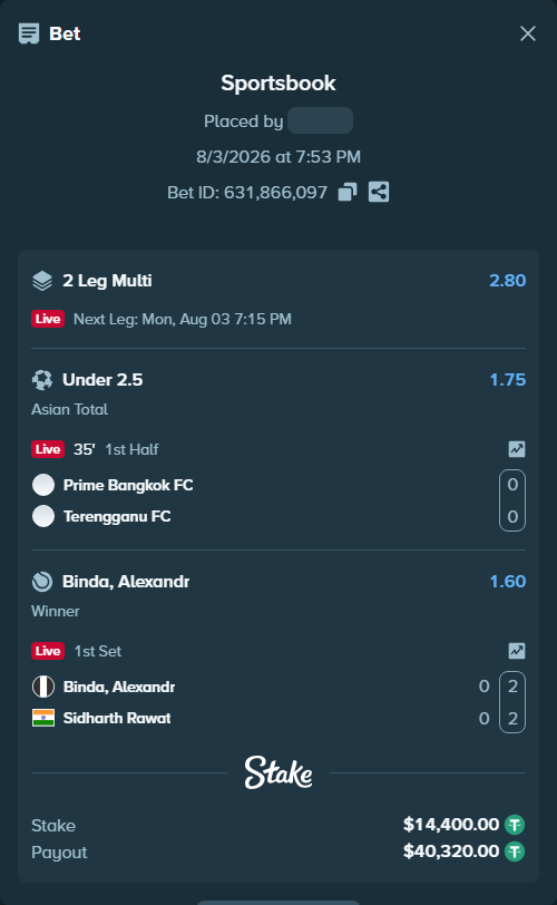 Bet slip: Prime Bangkok FC - Terengganu FC, $14,414.40 stake at 1.75 odds, placed by AsTraL11