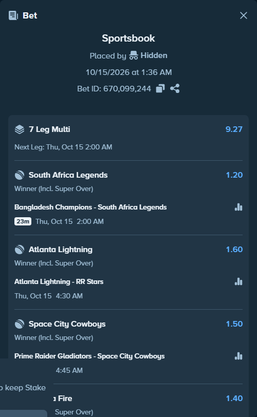 Bet slip: Prime Raider Gladiators - Space City Cowboys, $9,368.55 stake at 1.50 odds, placed by Brahma946