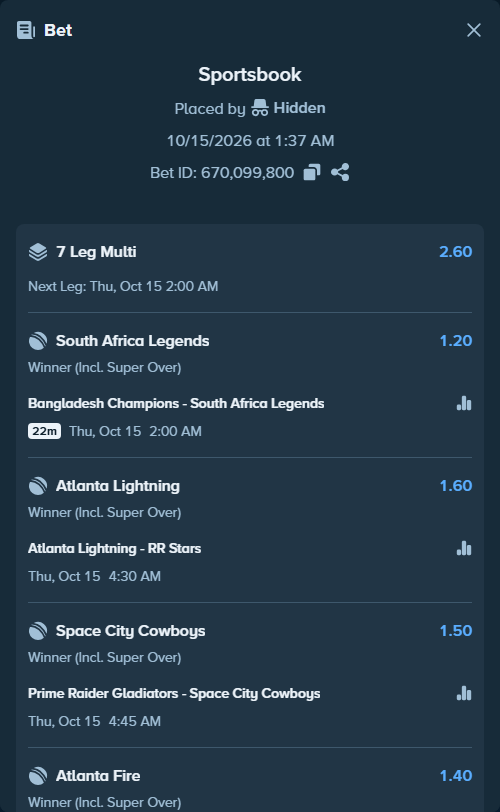 Bet slip: Prime Raider Gladiators - Space City Cowboys, $9,354.73 stake at 1.50 odds, placed by Brahma946