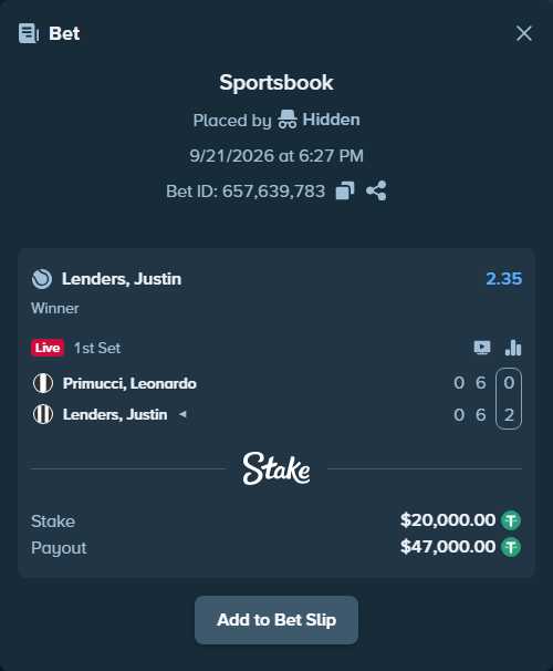Bet slip: Primucci, Leonardo - Lenders, Justin, $20,000.00 stake at 2.35 odds, placed by Hidden