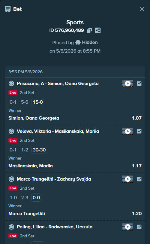 Bet slip: Prisacariu, A - Simion, Oana Georgeta, $4,034.80 stake at 1.07 odds, placed by Hidden
