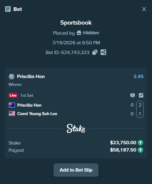 Bet slip: Priscilla Hon - Carol Young Suh Lee, $23,750.00 stake at 2.45 odds, placed by Hidden