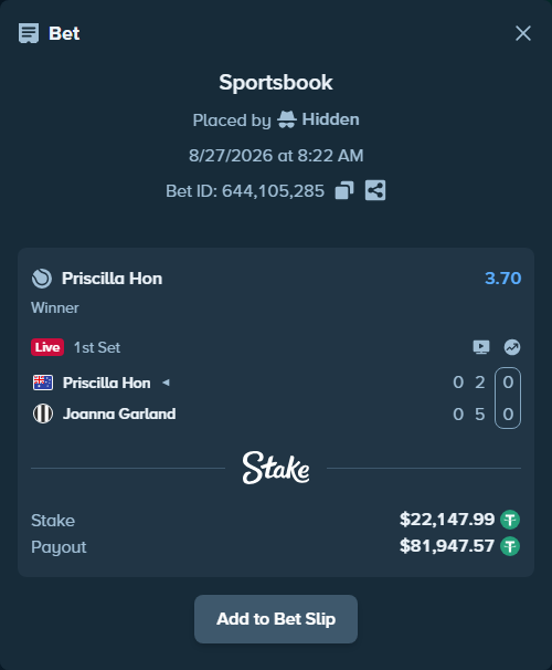 Bet slip: Priscilla Hon - Joanna Garland, $22,147.99 stake at 3.70 odds, placed by Hidden