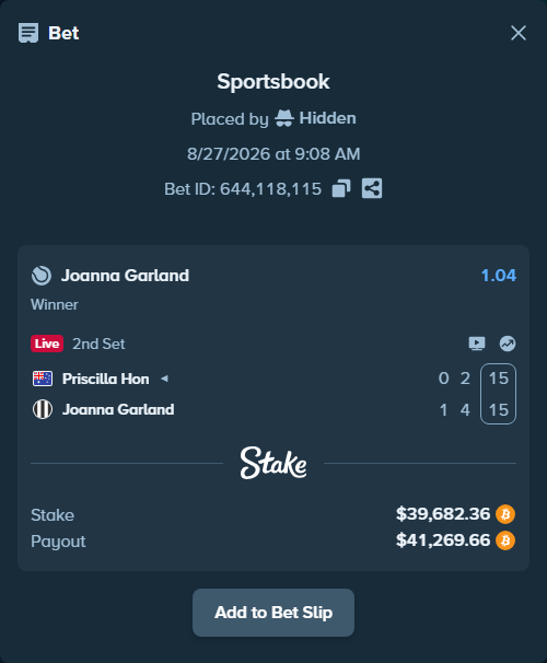 Bet slip: Priscilla Hon - Joanna Garland, $39,650.03 stake at 1.04 odds, placed by Hidden
