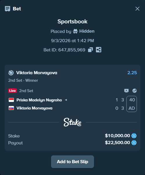 Bet slip: Priska Madelyn Nugroho - Viktoria Morvayova, $10,000.00 stake at 2.25 odds, placed by Hidden