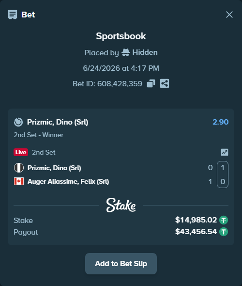 Bet slip: Prizmic, Dino (Srl) - Auger Aliassime, Felix (SRL), $15,000.00 stake at 2.90 odds, placed by Hidden