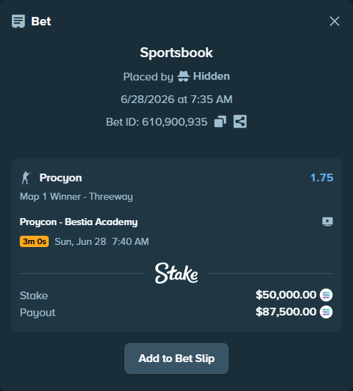 Bet slip: Procyon - Bestia Academy, $57,300.71 stake at 1.75 odds, placed by Hidden