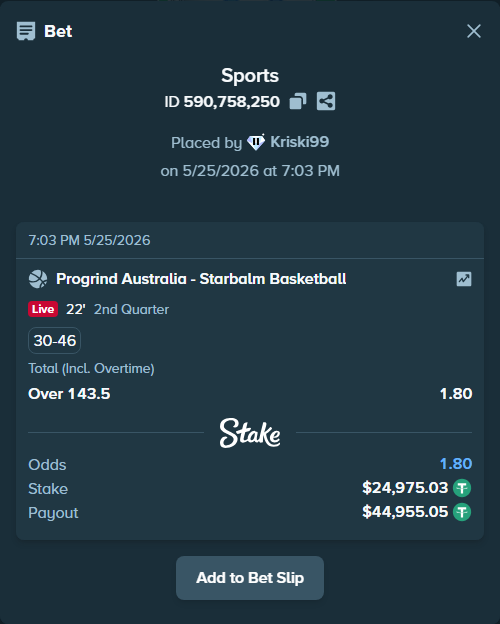Bet slip: Progrind Australia - Starbalm Basketball, $25,000.00 stake at 1.80 odds, placed by Kriski99