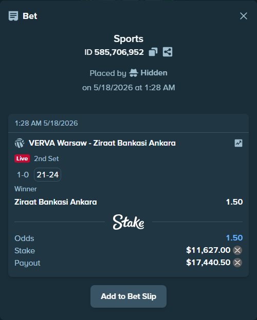 Bet slip: Projekt Warsaw - Ziraat Bankasi Ankara, $9,469.38 stake at 1.50 odds, placed by Hidden