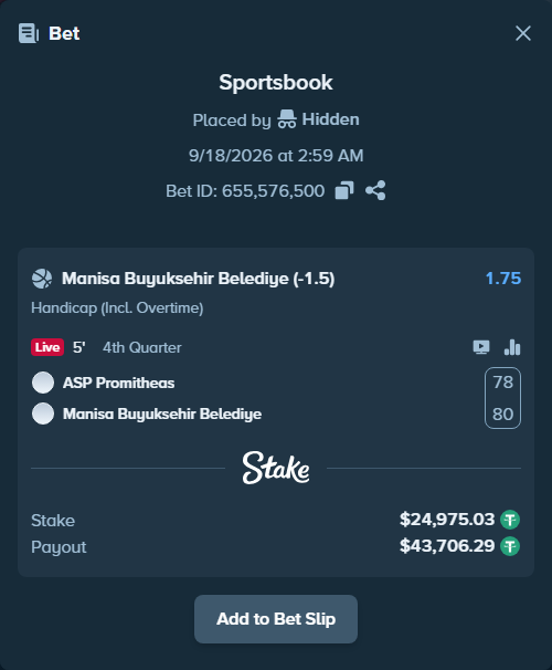 Bet slip: Promitheas Patras BC - Korfez Basket, $25,000.00 stake at 1.75 odds, placed by Hidden