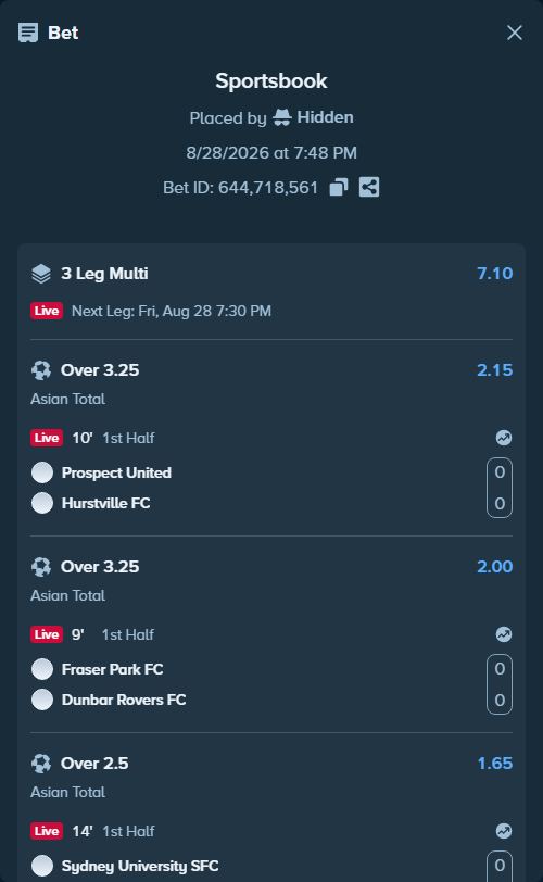 Bet slip: Prospect United - Hurstville FC, $10,000.00 stake at 2.15 odds, placed by Hidden