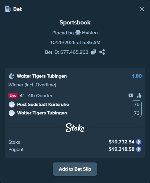 Bet slip: PS Karlsruhe Lions - Tigers Tubingen, $10,788.98 stake at 1.80 odds, placed by Hidden