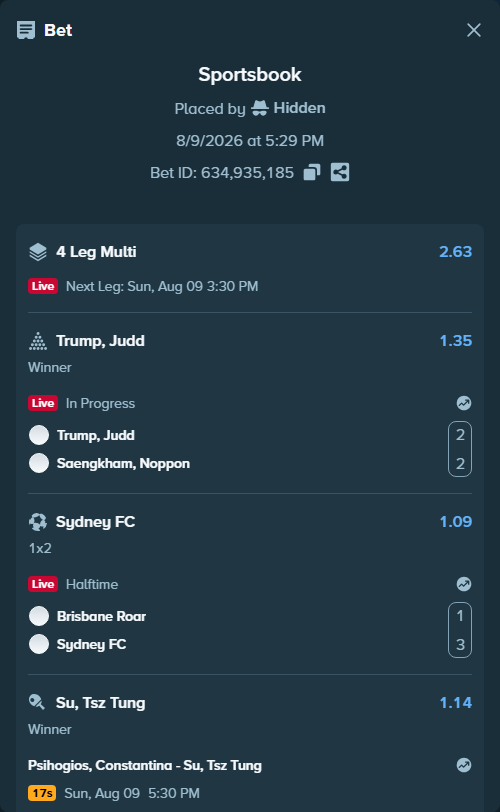 Bet slip: Psihogios, Constantina - Su, Tsz Tung, $32,999.57 stake at 1.14 odds, placed by Hidden