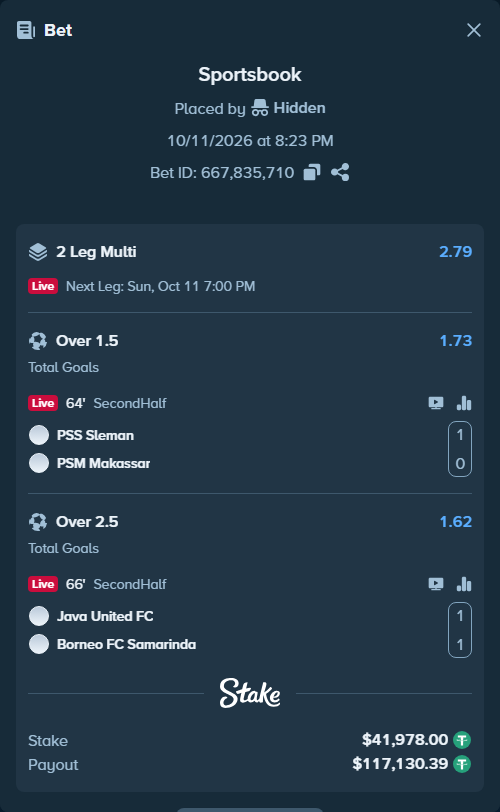 Bet slip: PSS Sleman - PSM Makassar, $42,019.98 stake at 1.73 odds, placed by Hidden