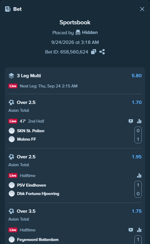 Bet slip: PSV Eindhoven - Dbk Fortuna Hjoerring, $14,611.98 stake at 1.95 odds, placed by Hidden