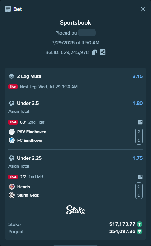 Bet slip: PSV Eindhoven - FC Eindhoven, $17,190.94 stake at 1.80 odds, placed by AsTraL11