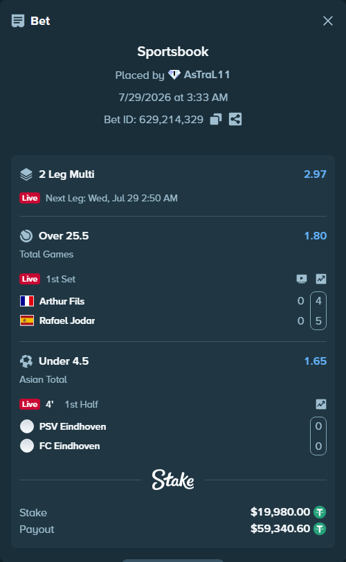 Bet slip: PSV Eindhoven - FC Eindhoven, $19,999.98 stake at 1.65 odds, placed by AsTraL11