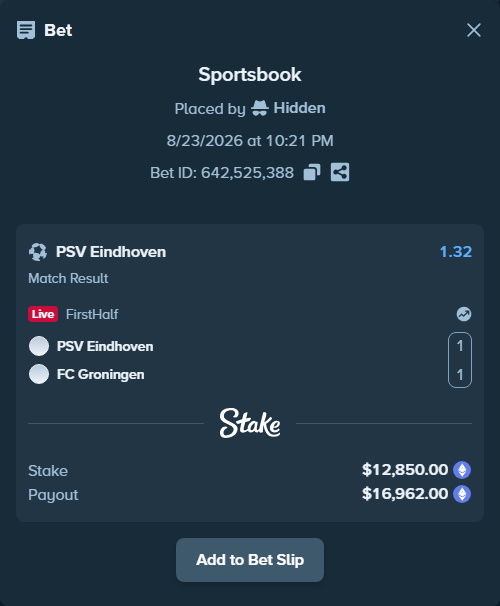Bet slip: PSV Eindhoven - FC Groningen, $12,938.35 stake at 1.32 odds, placed by bit2easy1