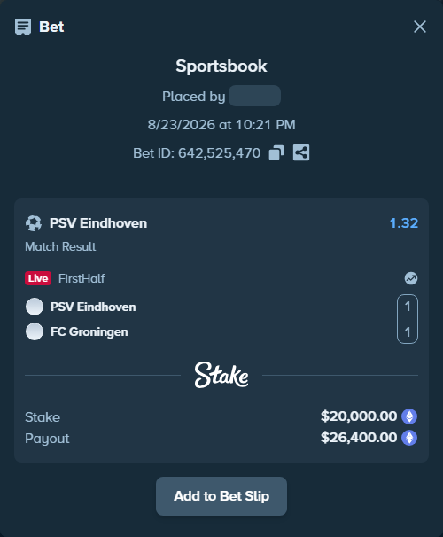 Bet slip: PSV Eindhoven - FC Groningen, $20,137.51 stake at 1.32 odds, placed by bit2easy1