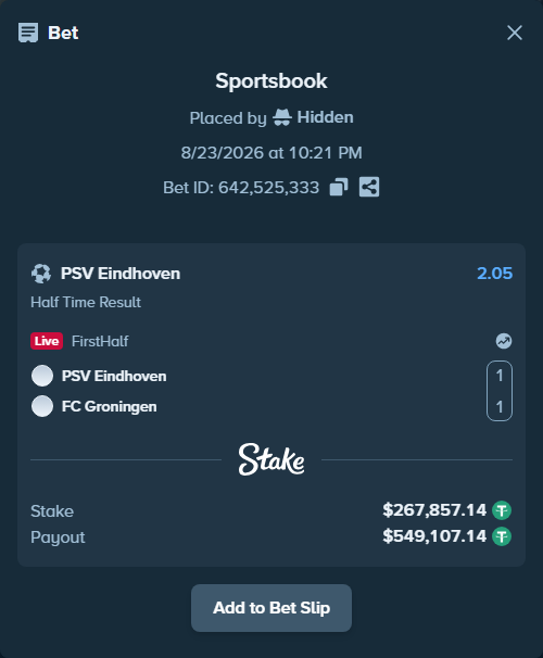 Bet slip: PSV Eindhoven - FC Groningen, $267,803.58 stake at 2.05 odds, placed by Hidden