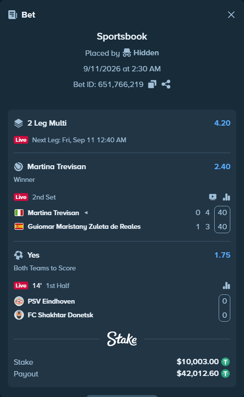 Bet slip: PSV Eindhoven - FC Shakhtar Donetsk, $10,000.00 stake at 1.75 odds, placed by Hidden