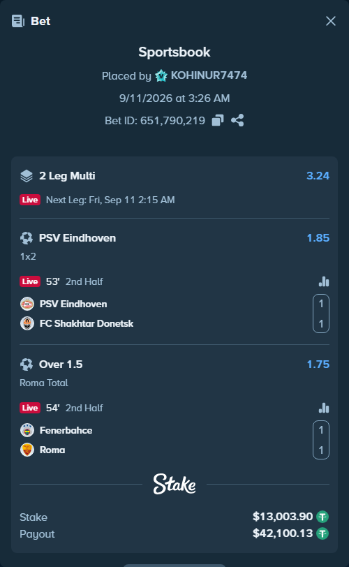 Bet slip: PSV Eindhoven - FC Shakhtar Donetsk, $13,000.00 stake at 1.85 odds, placed by KOHINUR7474