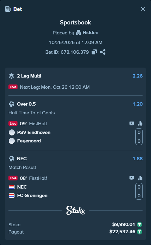 Bet slip: PSV Eindhoven - Feyenoord, $10,000.00 stake at 1.20 odds, placed by duman6