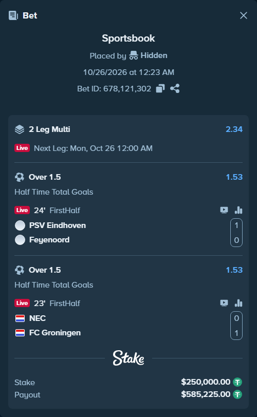 Bet slip: PSV Eindhoven - Feyenoord, $250,250.00 stake at 1.53 odds, placed by Hidden