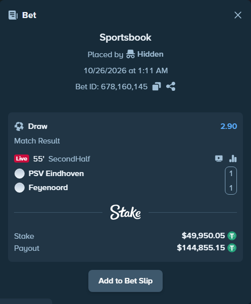 Bet slip: PSV Eindhoven - Feyenoord, $50,000.00 stake at 2.90 odds, placed by BetlikeaKing