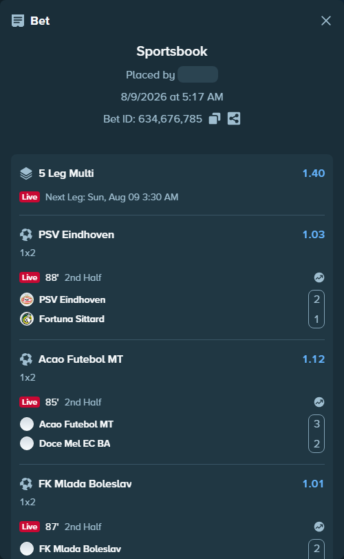 Bet slip: PSV Eindhoven - Fortuna Sittard, $10,359.04 stake at 1.03 odds, placed by Almeraikhi