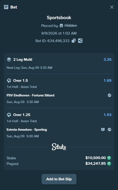 Bet slip: PSV Eindhoven - Fortuna Sittard, $10,510.50 stake at 1.69 odds, placed by Hidden